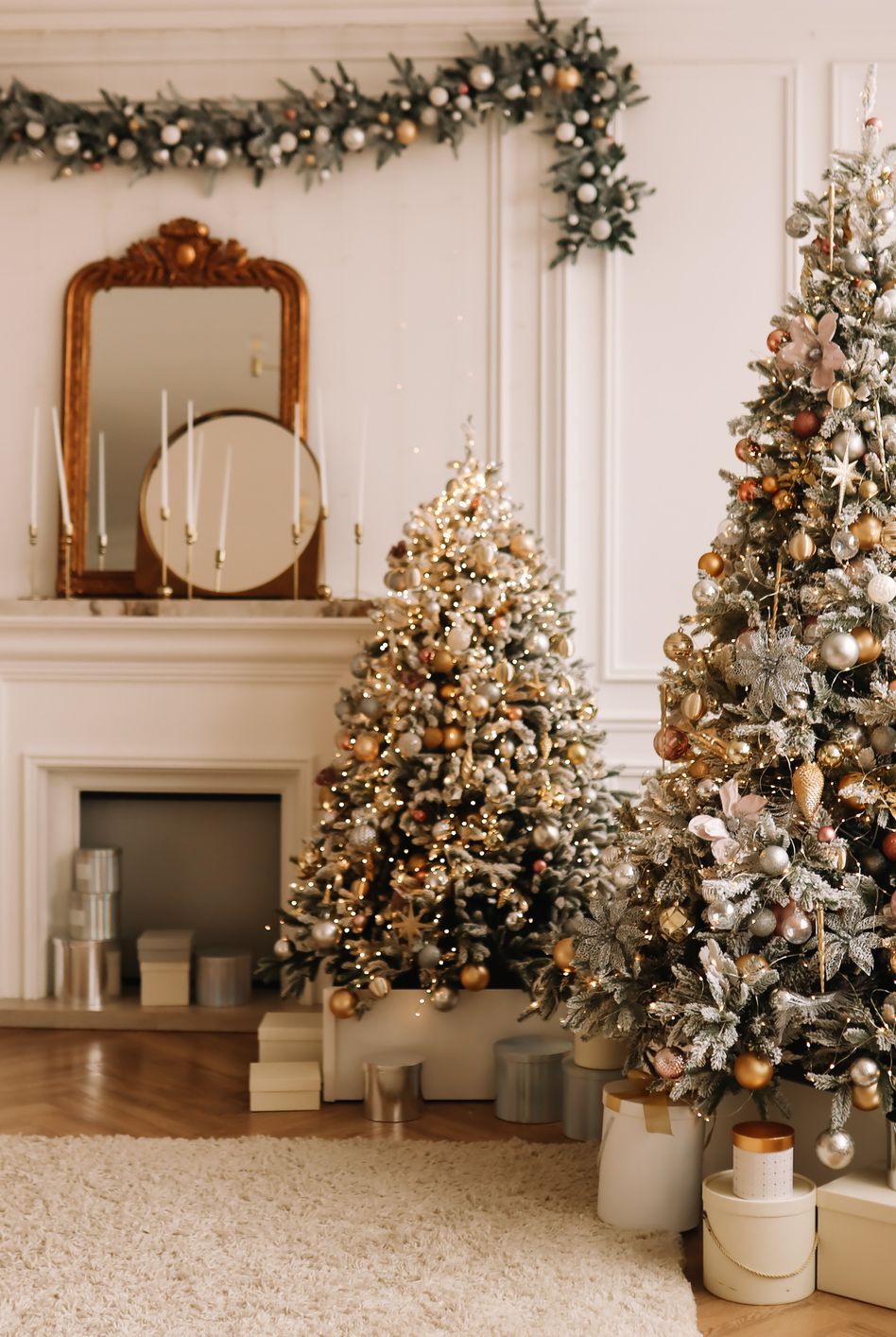 christmas concept festive christmas rich interior in a luxurious modern style with a fireplace and decorated with christmas balls and garlands of christmas trees in a large bright living room in the apartment on new year's eve in winter place for text