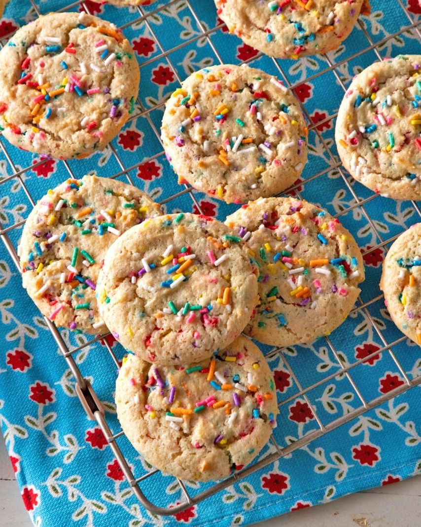 cake mix cookies with rainbow sprinkles on cooling rack
