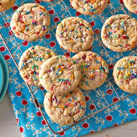 cake mix cookies with rainbow sprinkles on cooling rack