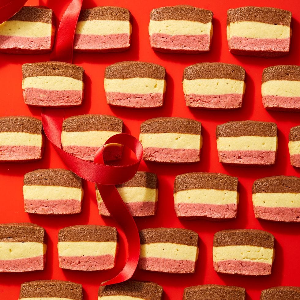 neapolitan cookies lined up in rows