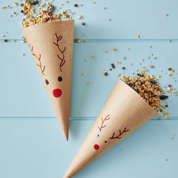 brown kraft paper cones with a reindeer face drawn on the front and filled with birdseed