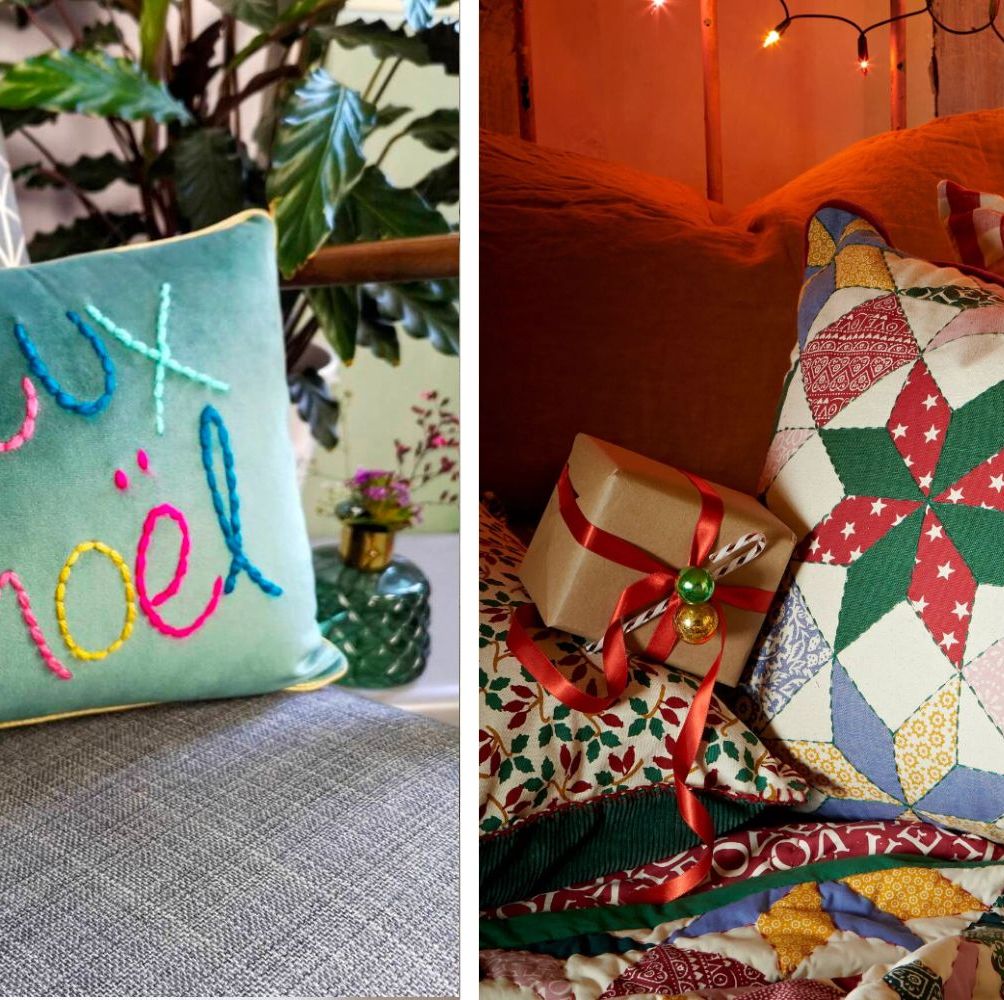 Set of 2 Red Beaded Joy & Noel Christmas Throw Pillows 19