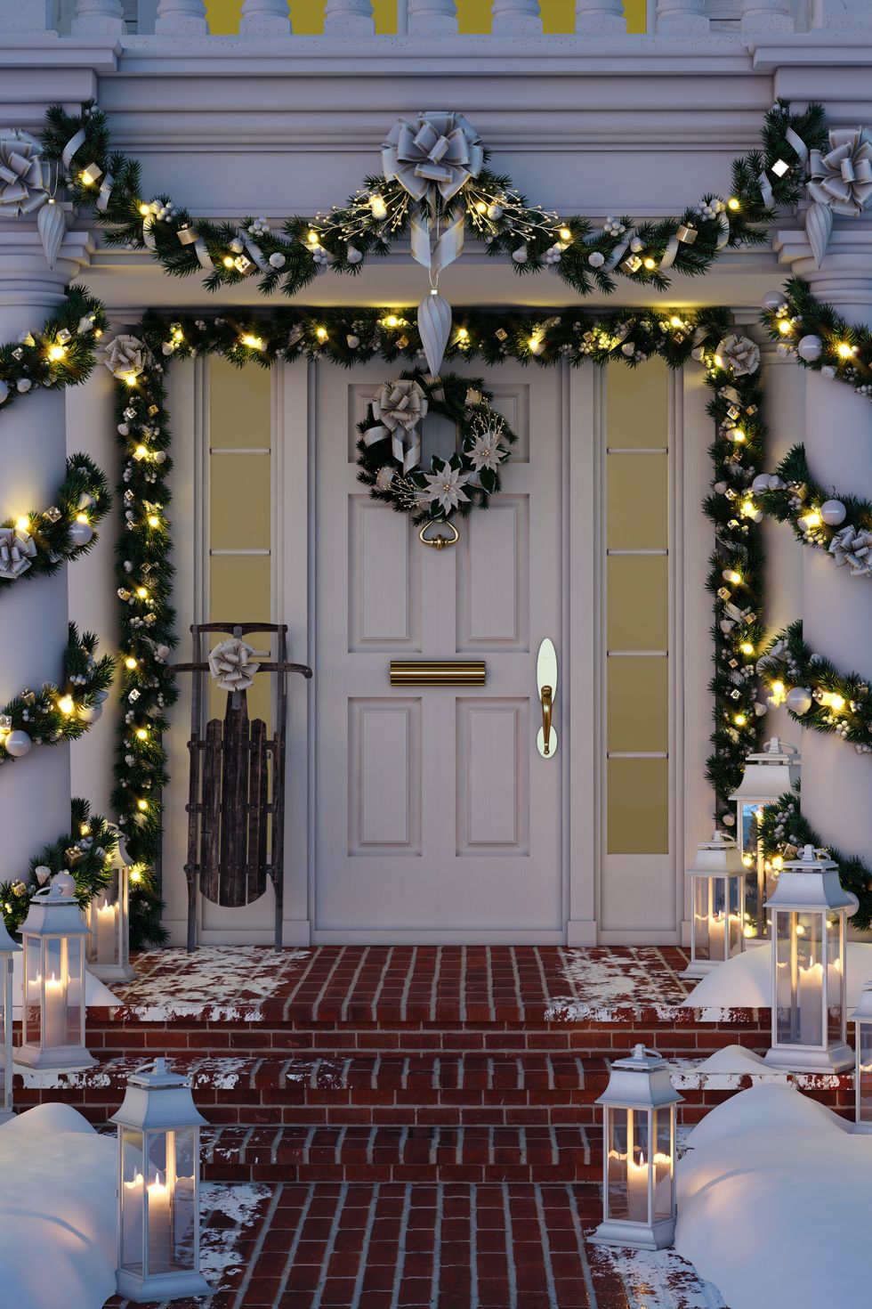 christmas decorated porch with little trees and lanterns 3d rendering