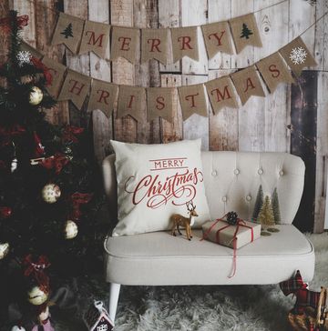christmas decoration set with christmas tree, small sofa and christmas decoration