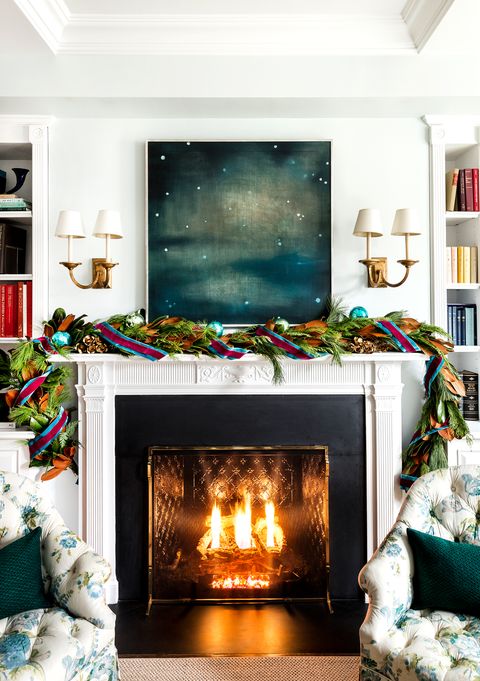 Hearth, Living room, Fireplace, Room, Home, Furniture, Property, Interior design, Christmas stocking, Christmas decoration, 