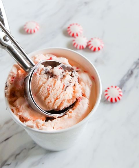 chocolate ribboned peppermint ice cream with ice cream scoop