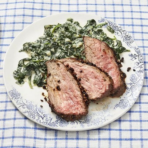 peppercorn crusted steak with creamed spinach