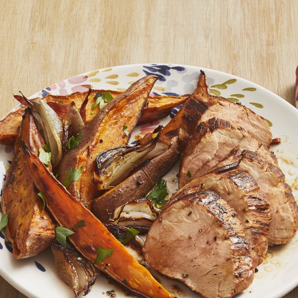 tuscan pork sheet pan supper with sweet potato wedges