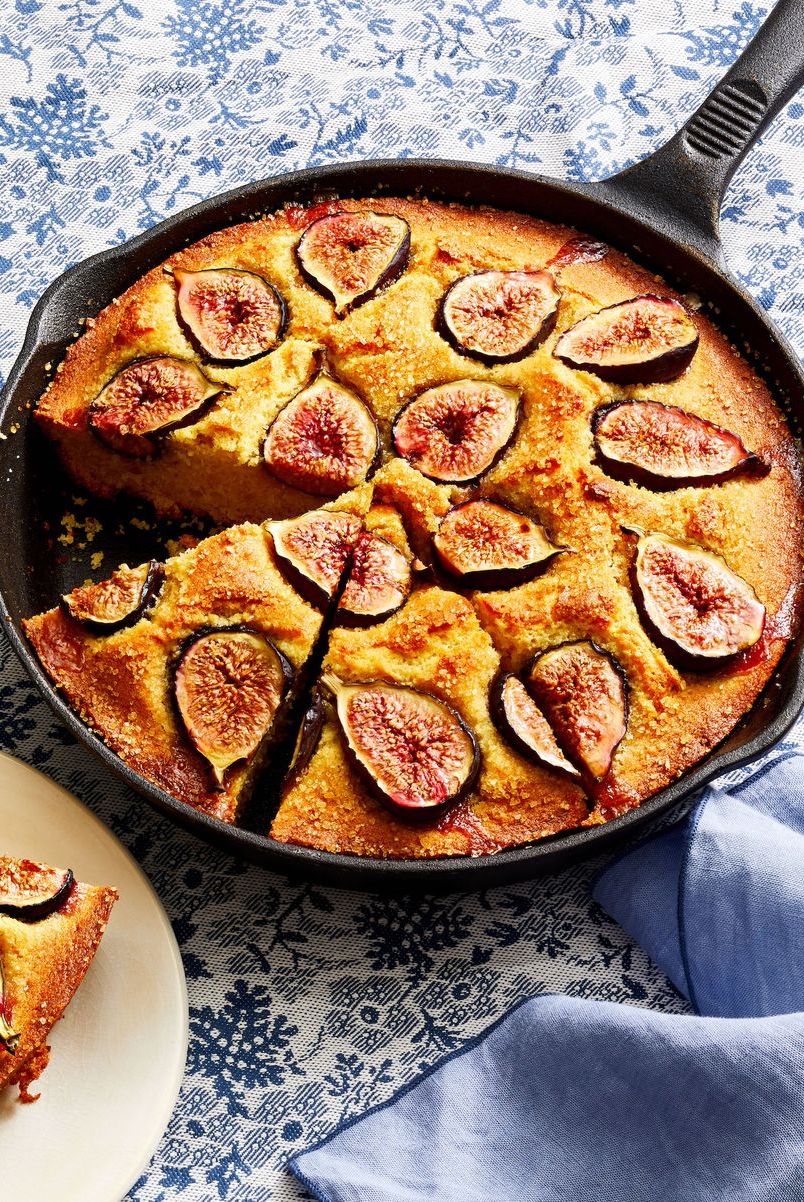 fig cornmeal cake in a cast iron skillet