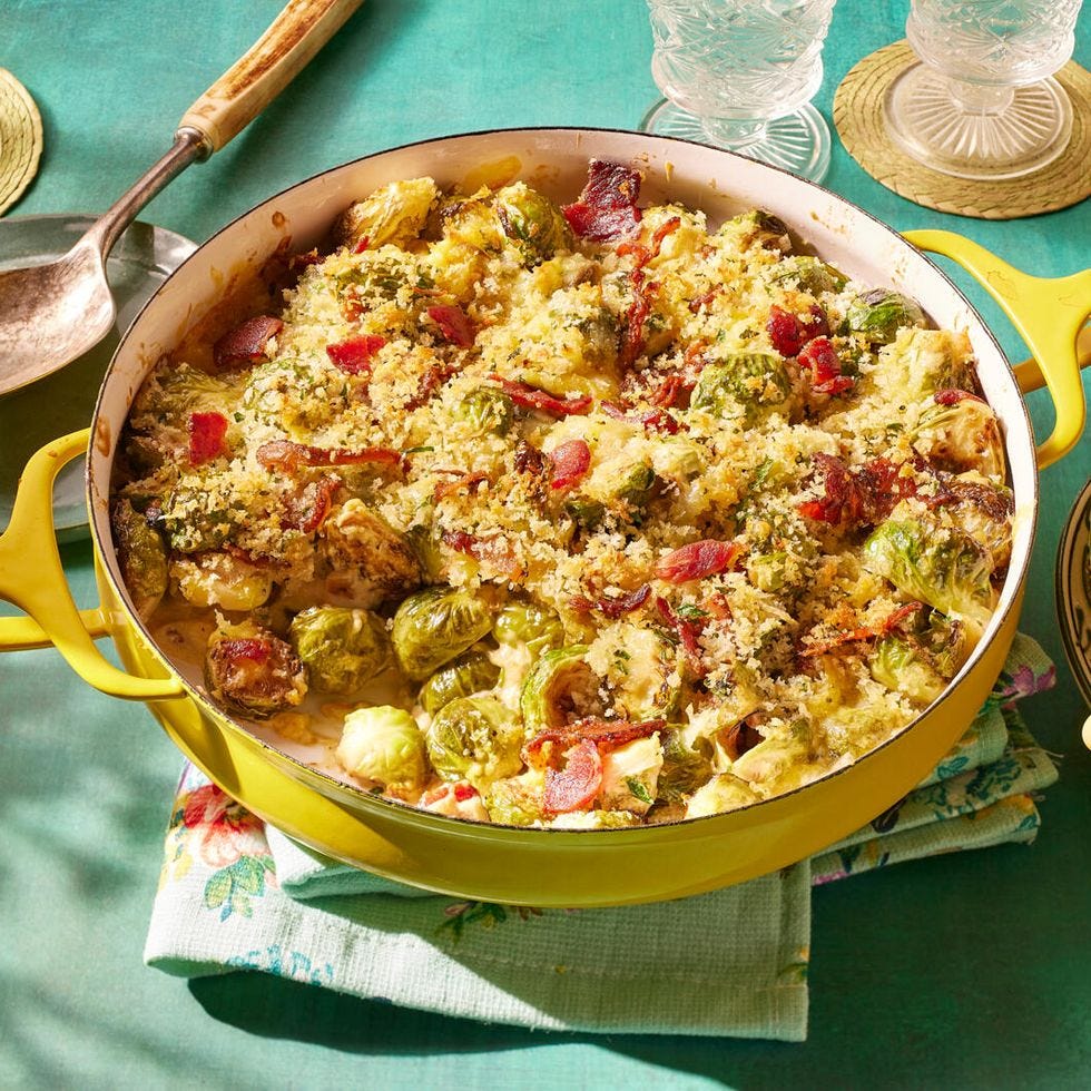 brussels sprouts casserole in yellow dish