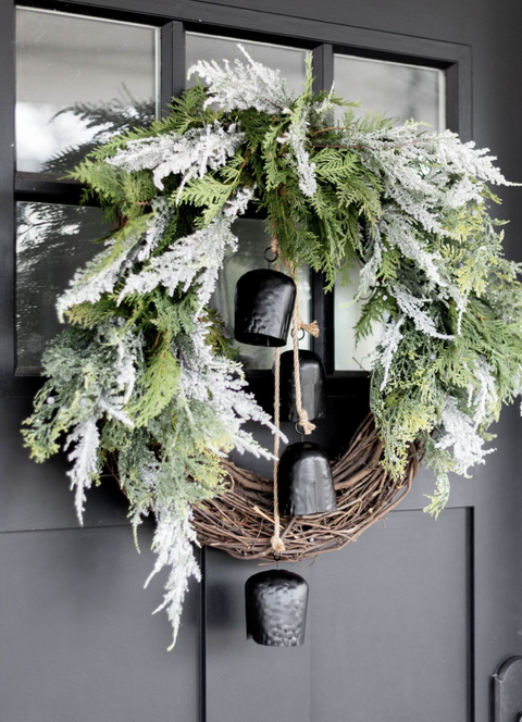 christmas door decorations, modern black bell wreath hanging on the black door