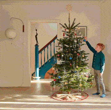 a child standing next to a christmas tree