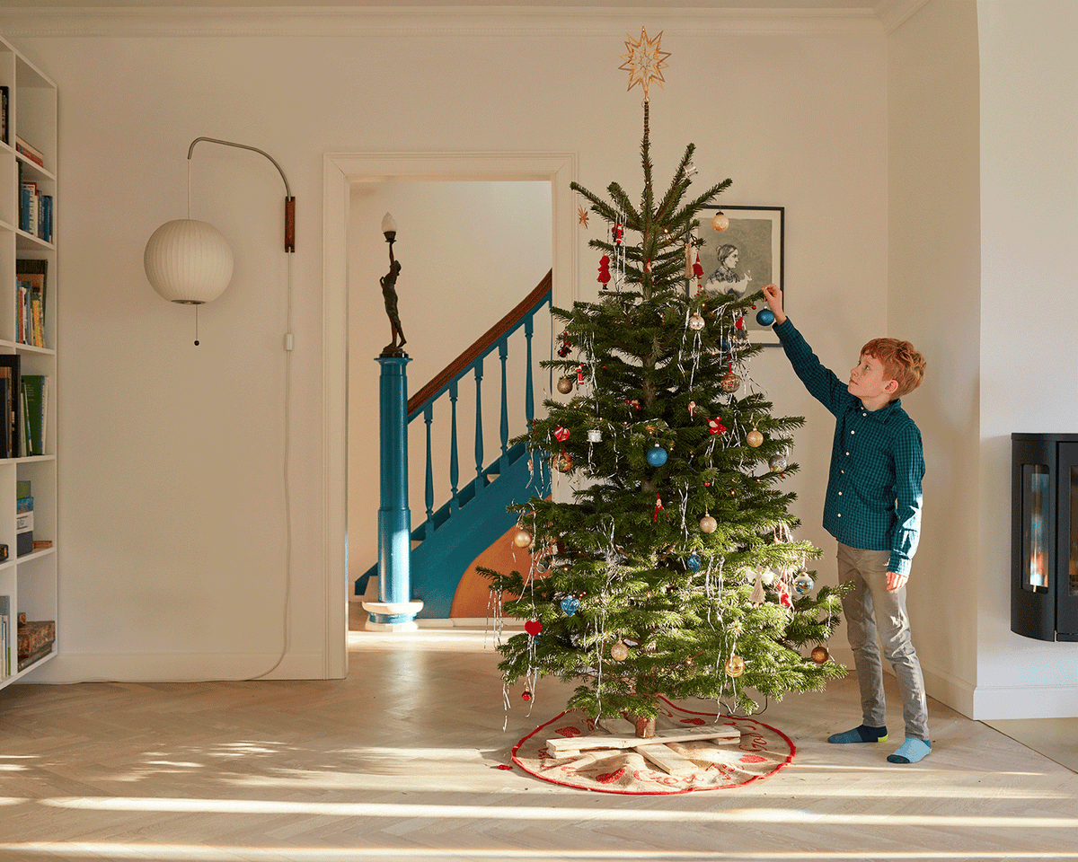 a child standing next to a christmas tree