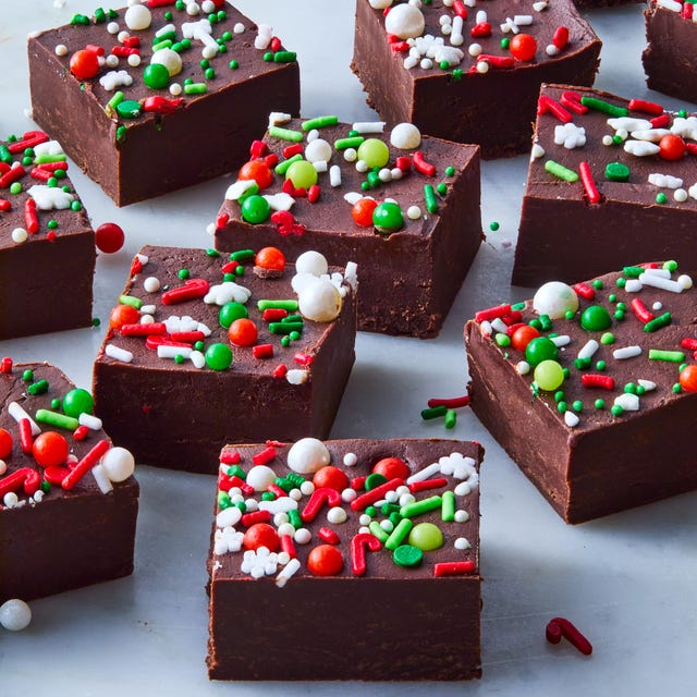 chocolate fudge topped with christmas sprinkles