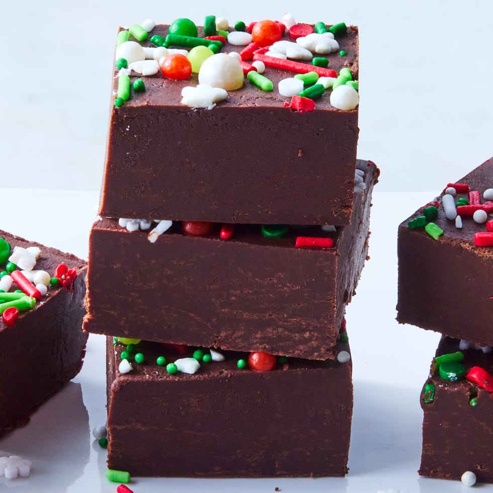 chocolate fudge topped with christmas sprinkles