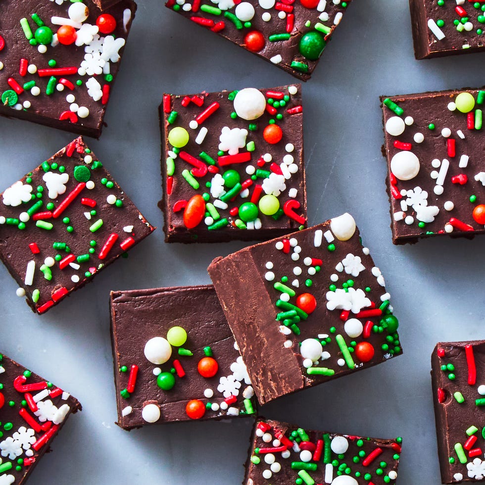 chocolate fudge topped with christmas sprinkles