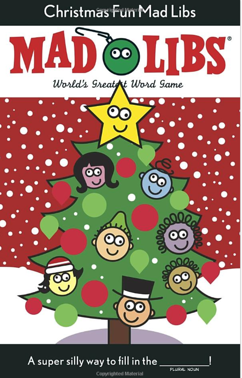 mad libs cover with a christmas tree and faces on it