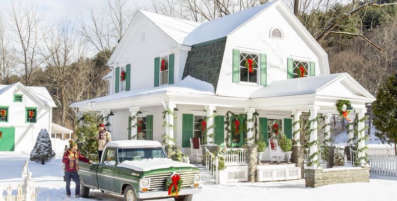 farmhouse project exterior in update new york white farmhouse with vintage truck, snow and christmas decorations
