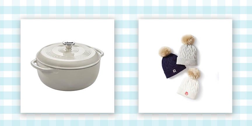 lodge enameled cast iron dutch oven in white and three pom pom hats