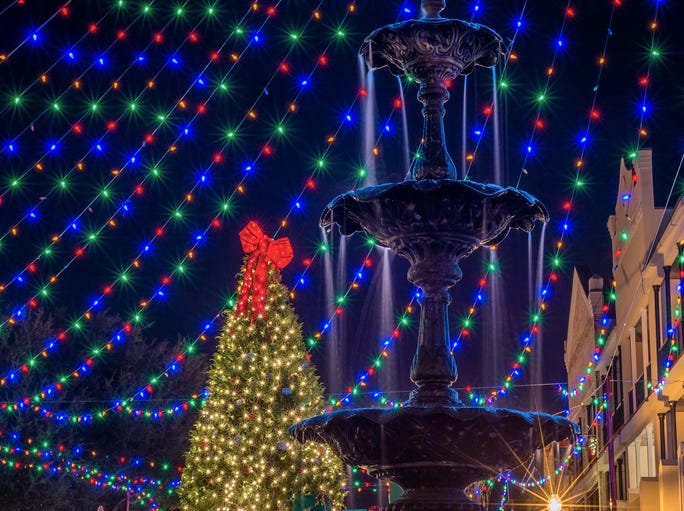 christmas lights and fountain