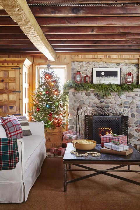 christmas living room tartan stone fireplace