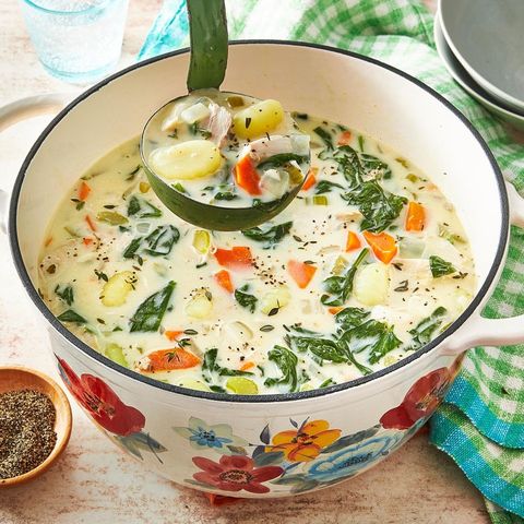 chicken and gnocchi soup in floral pot