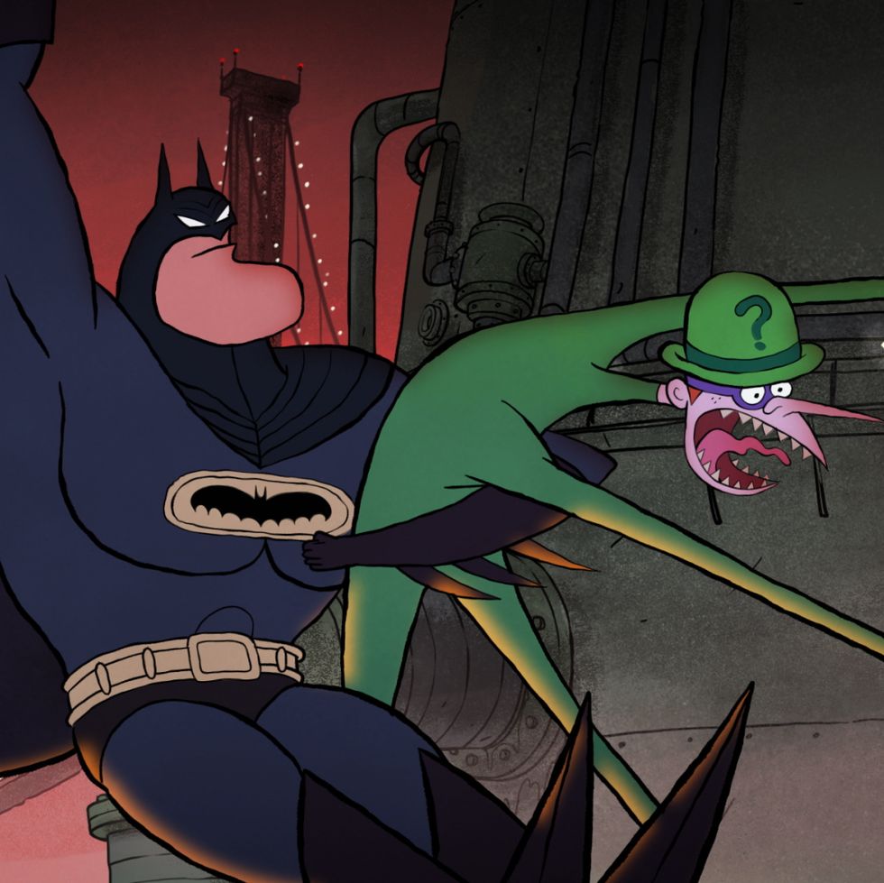 an animated batman captures an exhausted looking riddler in a scene from merry little batman