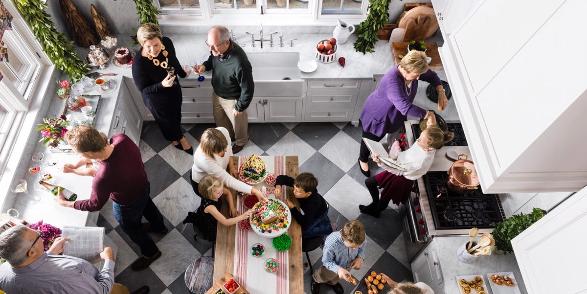 house beautiful  piccard residence, ross, california  family in kitchen workstations