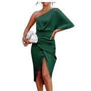 one shoulder satin dress with wrap style skirt and bat wing sleeve in green and red