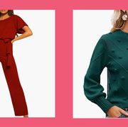 christmas party outfits happy sailed women casual loose short sleeve belted wide leg pant romper jumpsuit in red and miessial women's crew neck lantern sleeve sweater pullover in green