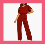 christmas party outfits happy sailed women casual loose short sleeve belted wide leg pant romper jumpsuit in red and miessial women's crew neck lantern sleeve sweater pullover in green