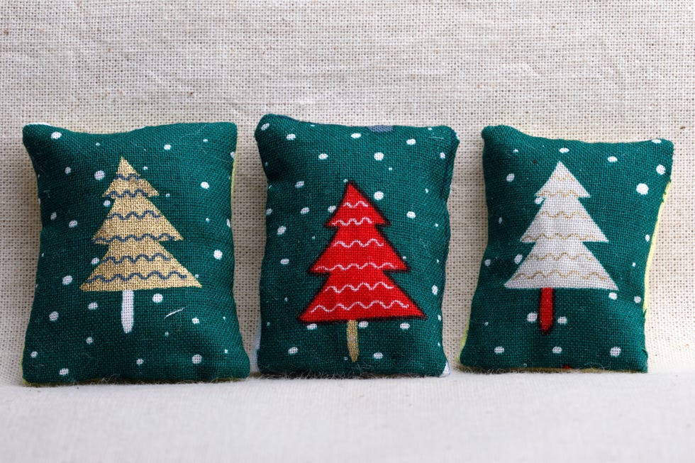 christmas party, three green pillow with christmas tree decoration