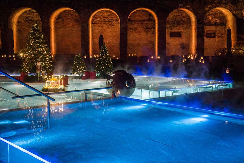 Blue, Swimming pool, Night, Water, Thermae, Light, Lighting, Architecture, Building, Thermal bath, 