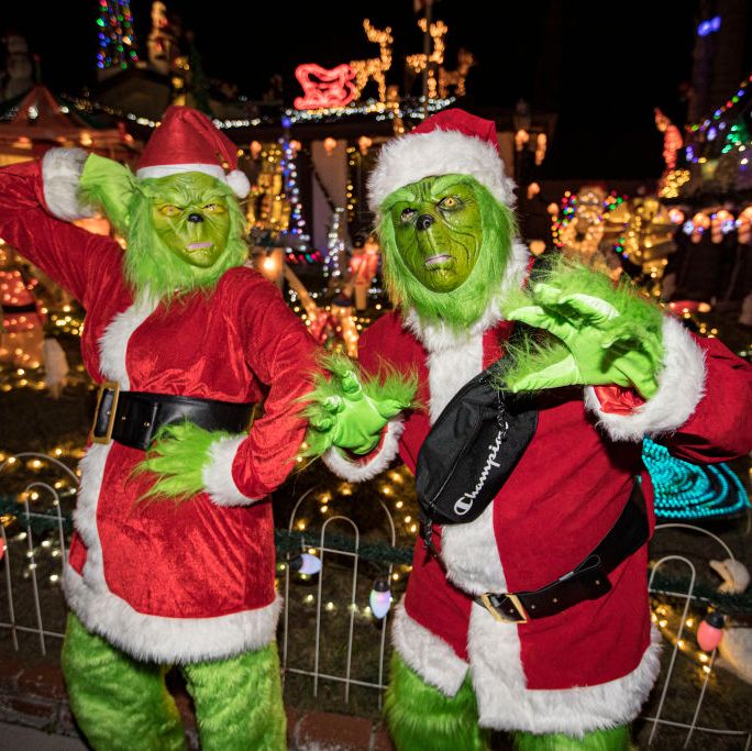 christmas party, guests dressed as the grinch outdoors