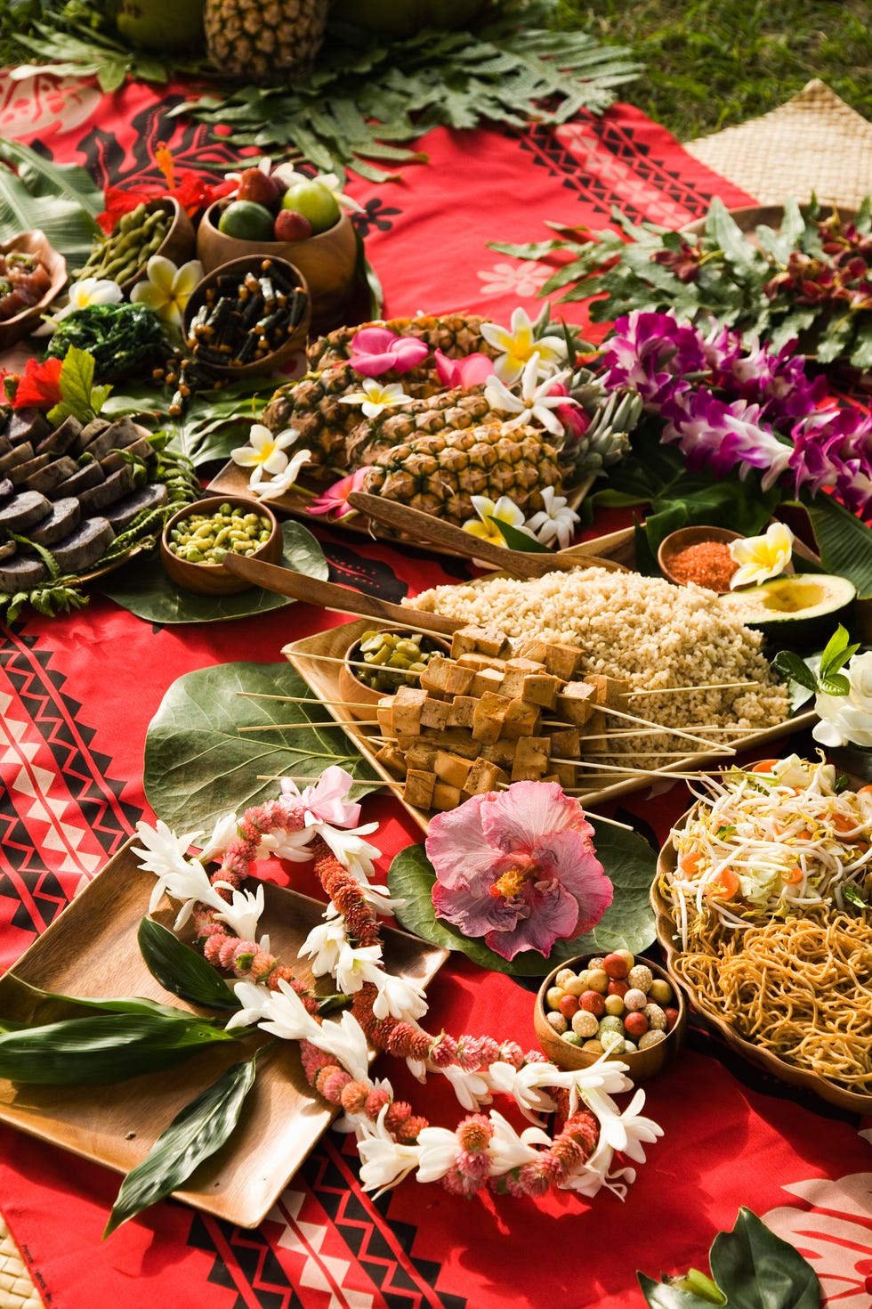 christmas party, a blanket is full of luau food for guests