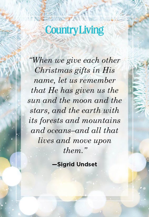 christmas quote by sigrid undset on close up photo of fir tree branches with christmas lights