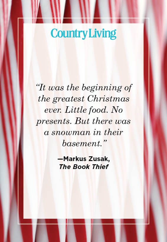 christmas quote from the book thief on background of red and white candy canes
