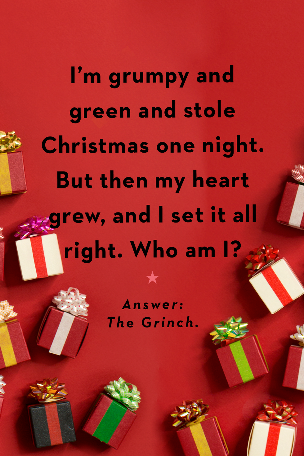 red background with wrapped gifts and black text