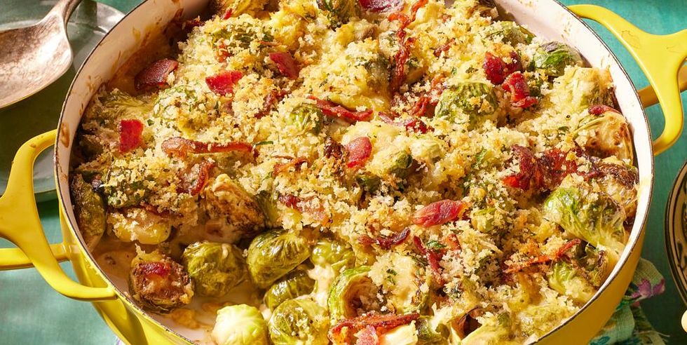 christmas side dishes brussels sprouts casserole in yellow dish