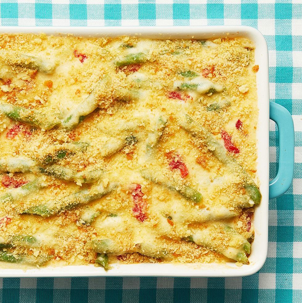 green bean casserole with blue checkered background
