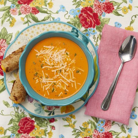 creamy roasted red pepper soup with grilled cheese rolls