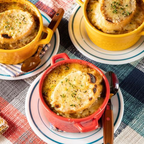 instant pot french onion soup in red and yellow crocks