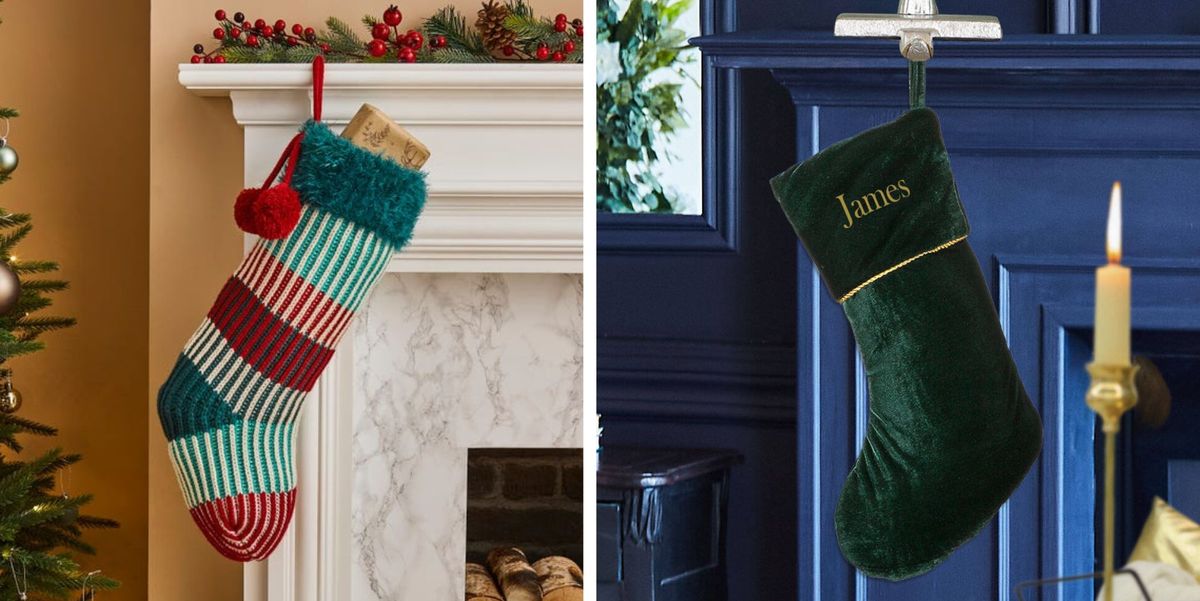 a multi coloured stocking hanging by a white fireplace and a green stocking hanging by a blue fireplace