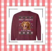 maroon sweater with dogs face on it that says merry christmas ya filthy animal and red fair isle style sweater with reindeer on it