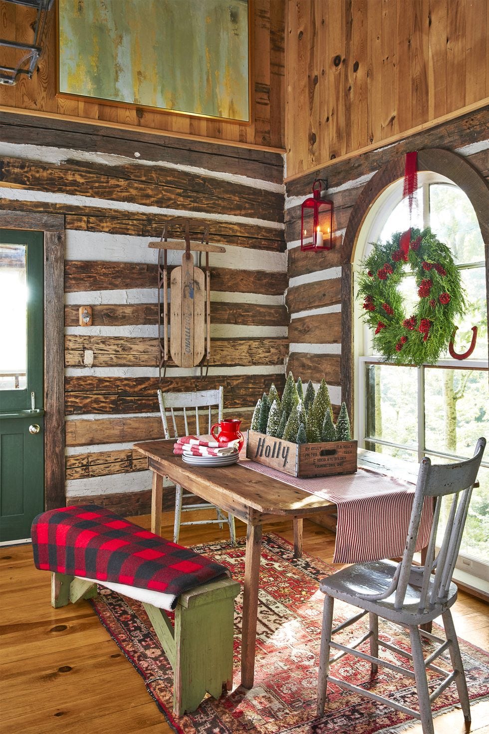 christmas table with wooden crate and mini christmas trees