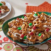 christmas treat chex mix with red and green candies