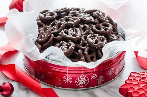 dark chocolate covered pretzels in red tin