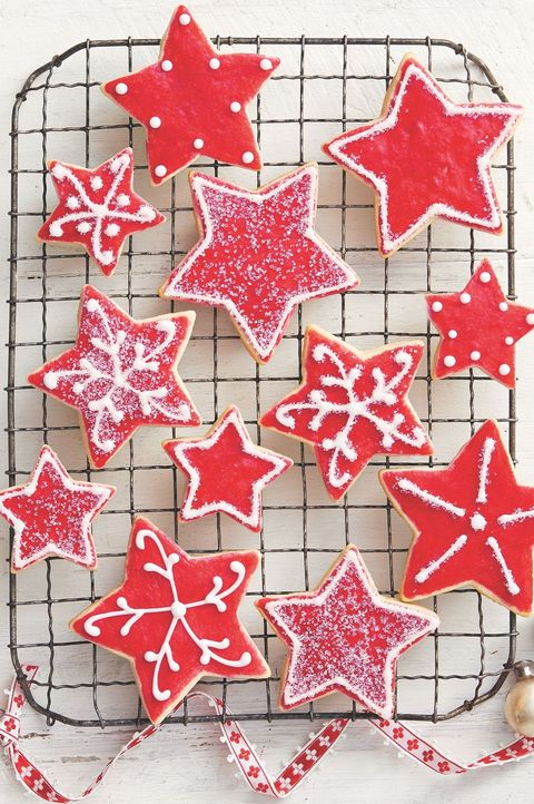 red sugar cookie stars on wire rack