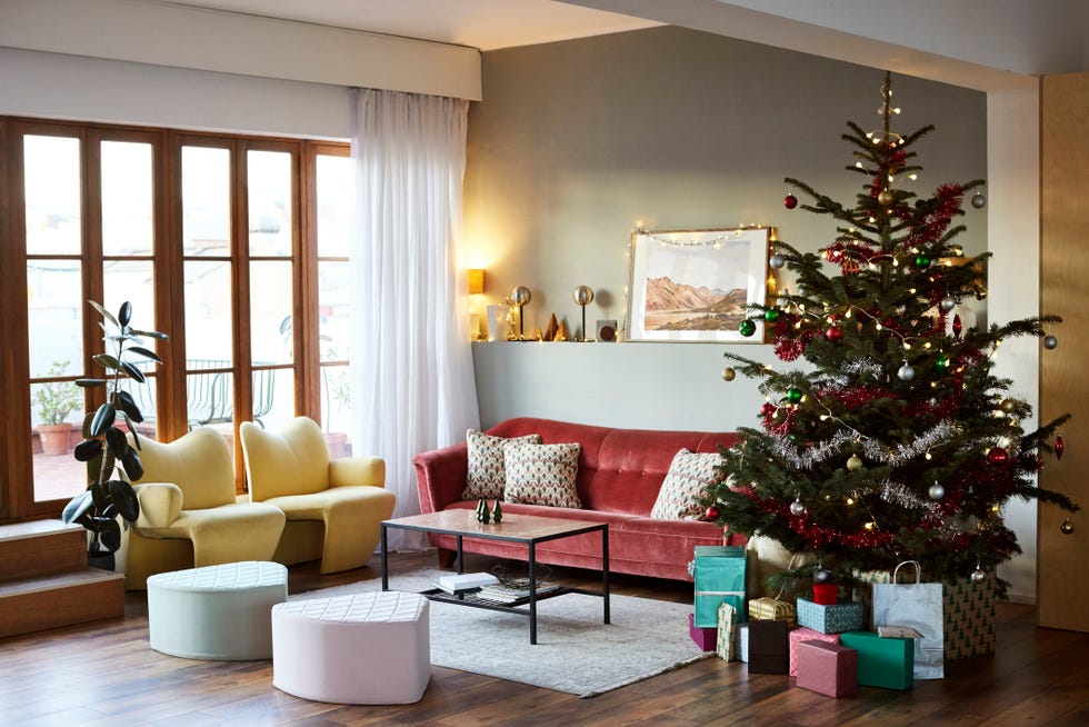 christmas tree and furniture in living room