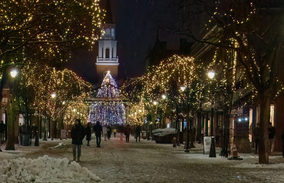 christmas tree and street lit up for the holiday season